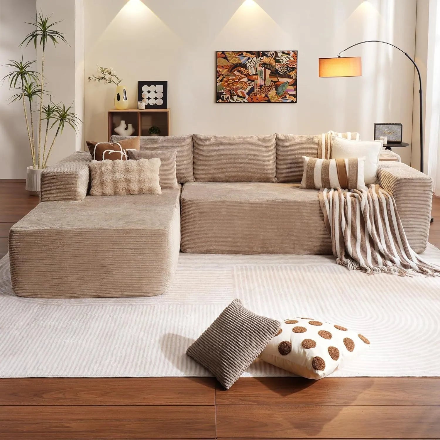Modern minimalist flannel sofa in beige colour, no assembly required, for living room or office use