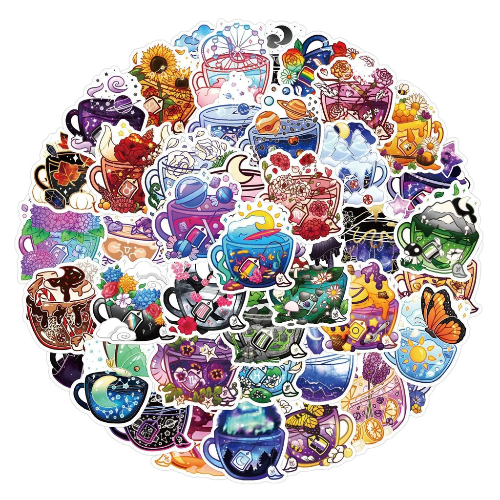 Colourful tea cup design graffiti stickers 50-piece set for sports equipment and luggage customisation