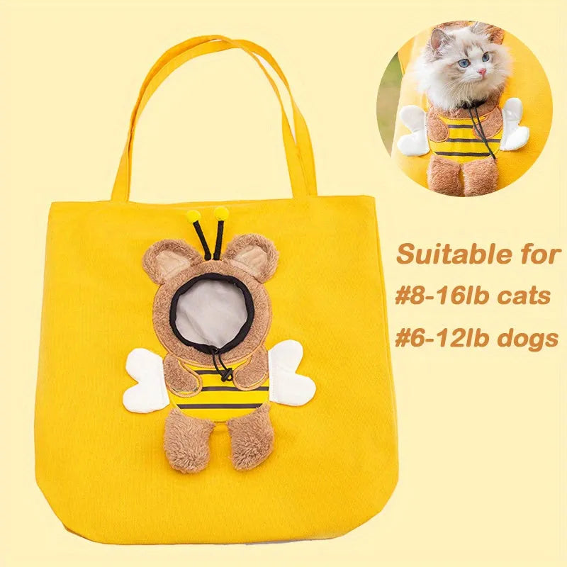 Blue canvas pet carrier bag with animal pattern, safety zippers, and side head opening for a dog