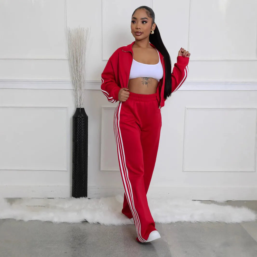 Striped suit zipper thickening sweater two-piece set in polyester fabric with street hipster styling