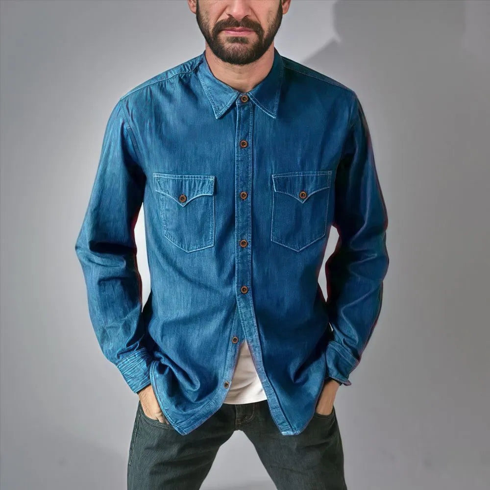 Men's regular fit cotton denim cardigan coat in khaki, shown open as a layering piece.