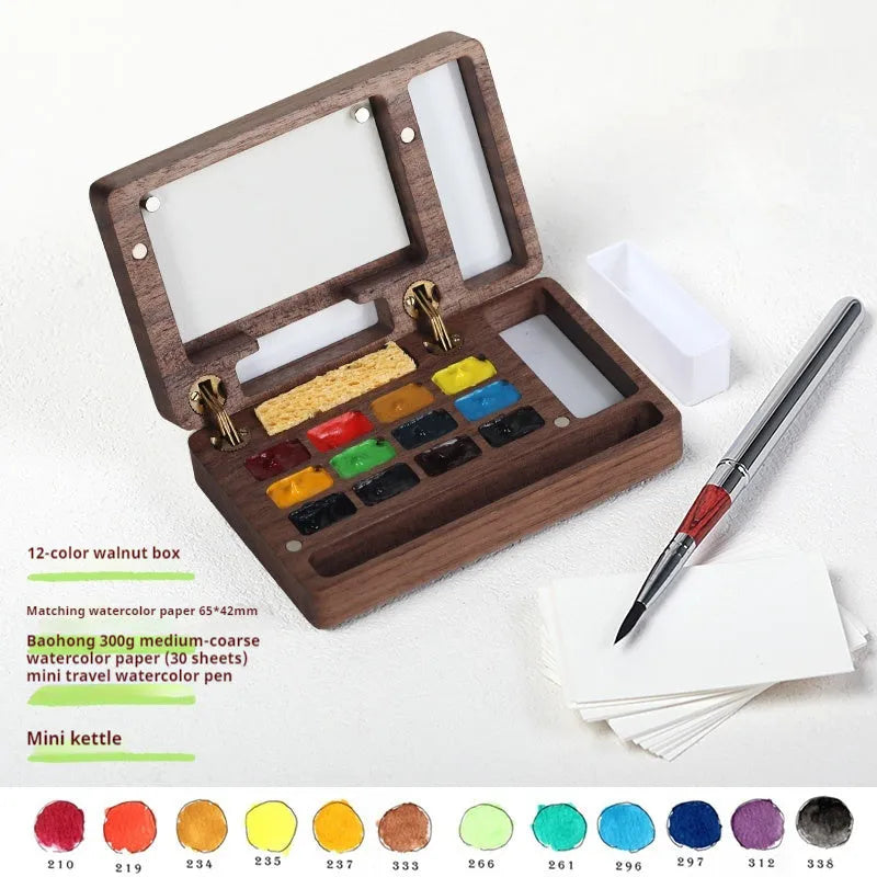 Mini walnut wood watercolour paint box with portable pigment suit storage case