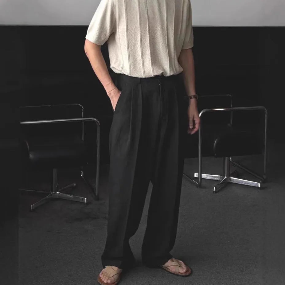 Men's Korean-style loose fit cotton linen trousers in apricot, army green and purplish blue colours