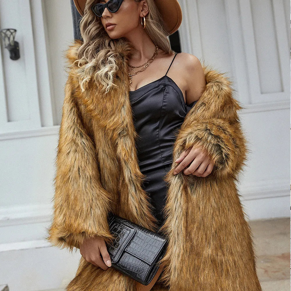 Yellow women's faux fur coat with loose fit and regular sleeves