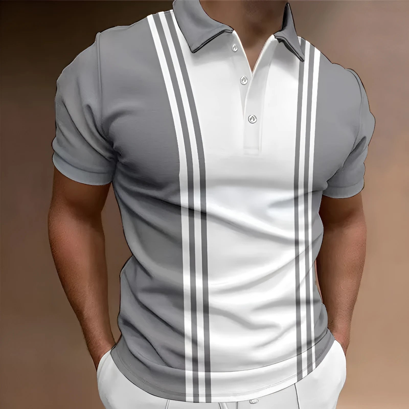 Casual men's 3 button printing lapel T-shirt in loose fit polyester, blue colour, short sleeves