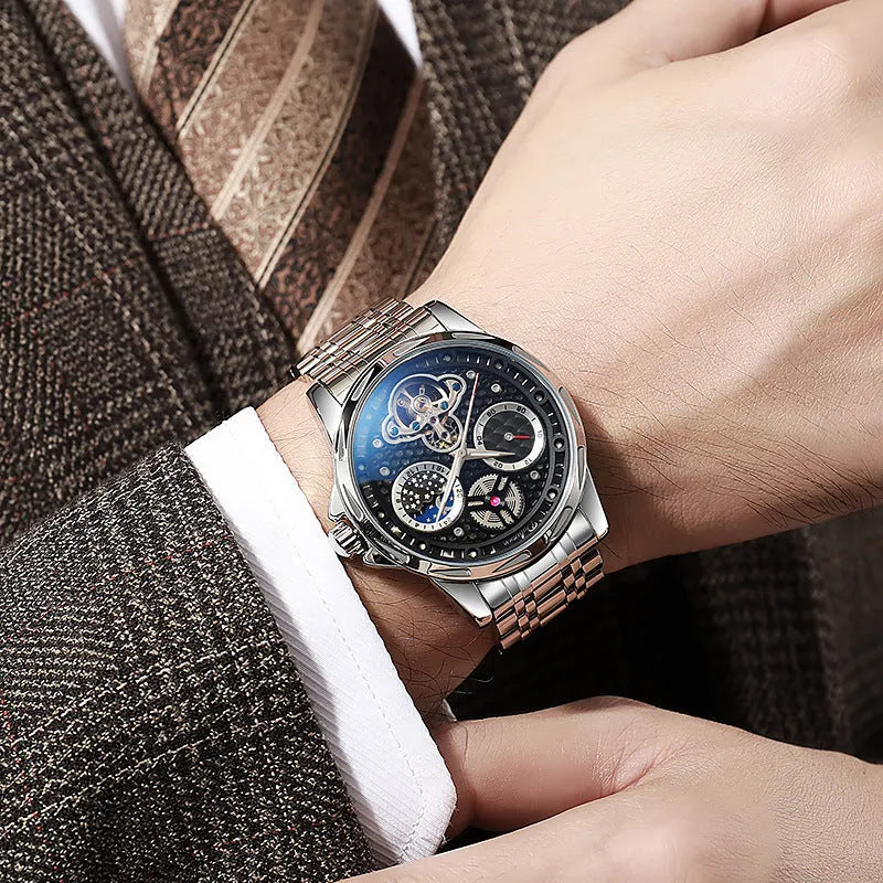 Men's automatic watch with luminous hands on steel bracelet, black dial, waterproof case