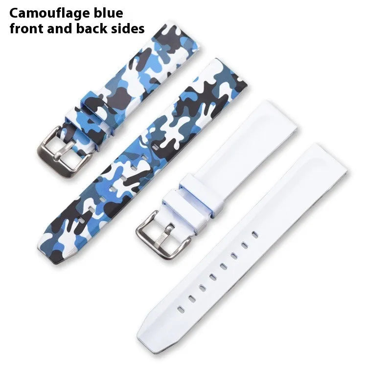 Green camouflage silicone watch strap showing 20mm lug width and buckle.