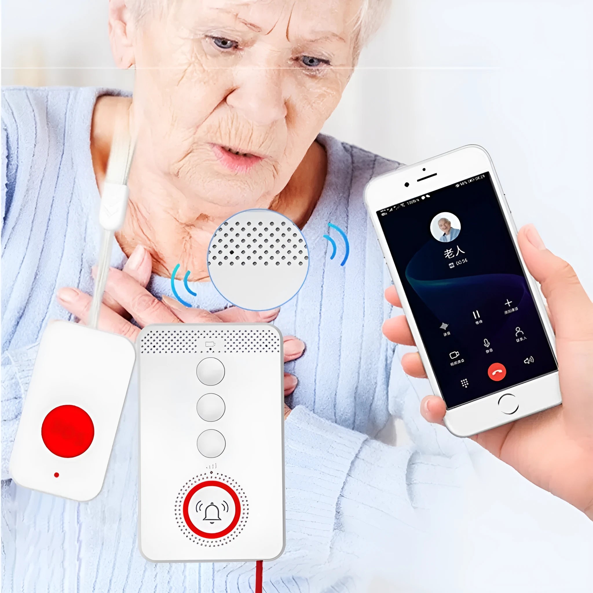 White emergency alert device with buzzer unit and three wireless emergency buttons
