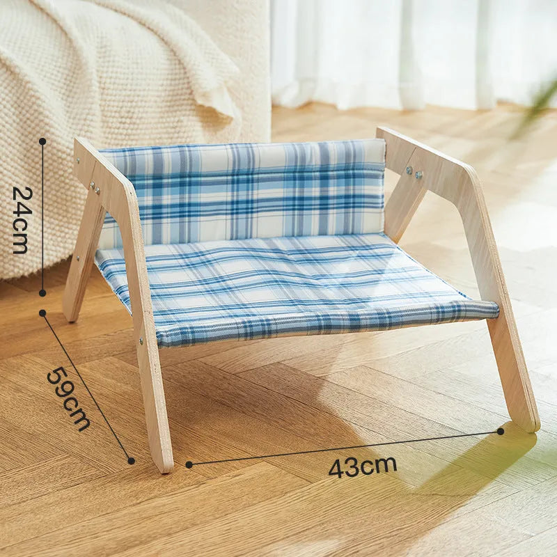 Wooden frame cat hammock bed with blue cloth elevated cat sleeping spot