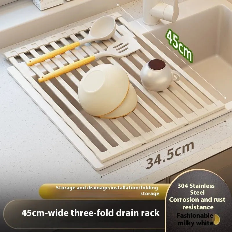 Milky white foldable stainless steel kitchen draining rack shown over a sink.