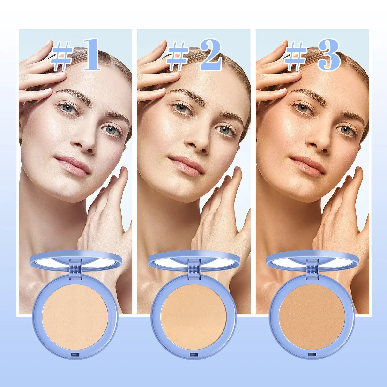 8g natural finishing powder in compact packaging with three shade options for makeup setting