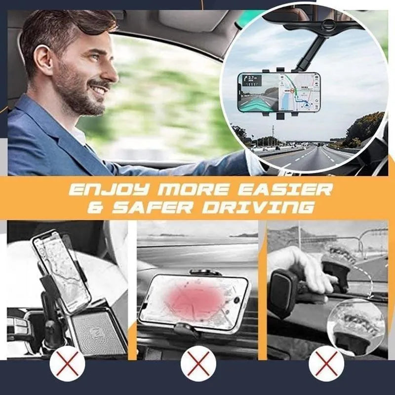 Black rearview mirror phone holder showing 360-degree rotation and telescopic arm extension