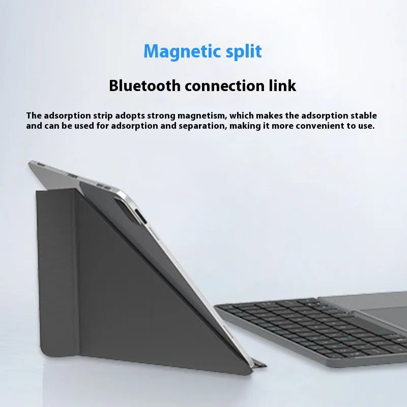 Grey wireless Bluetooth folding keyboard in closed and open positions for mobile phones and tablets