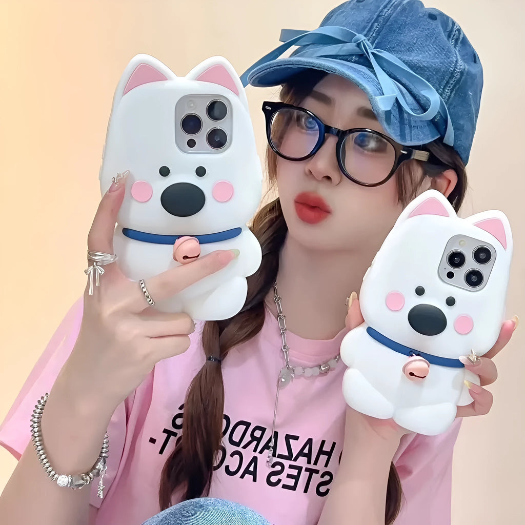Pink silicone phone case with cartoon little white dog and bell charm for iPhone