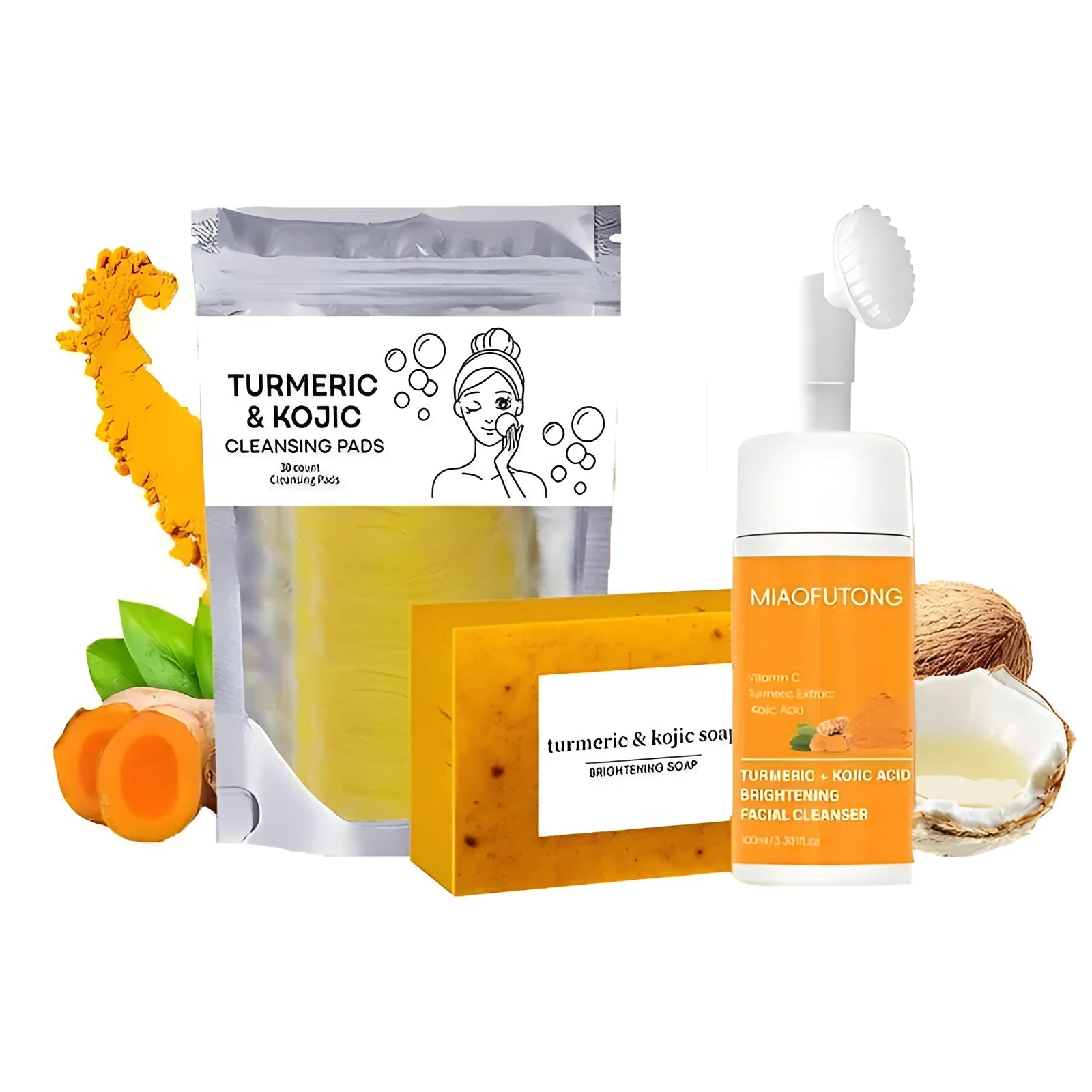 Turmeric Cleansing Mousse Facial Cleaning Pad set with 30 pads, ginger soap, and storage net