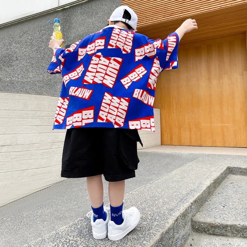 Boys summer cotton letter print hip-hop suit two-piece set in green, short sleeve pullover and five-point shorts