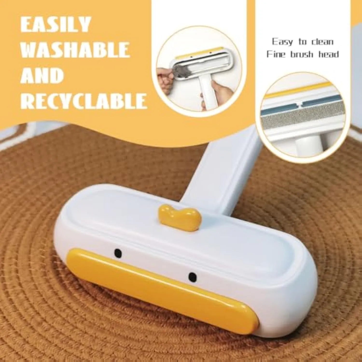 White portable pet hair remover roller with a yellow cartoon duck design on a table.