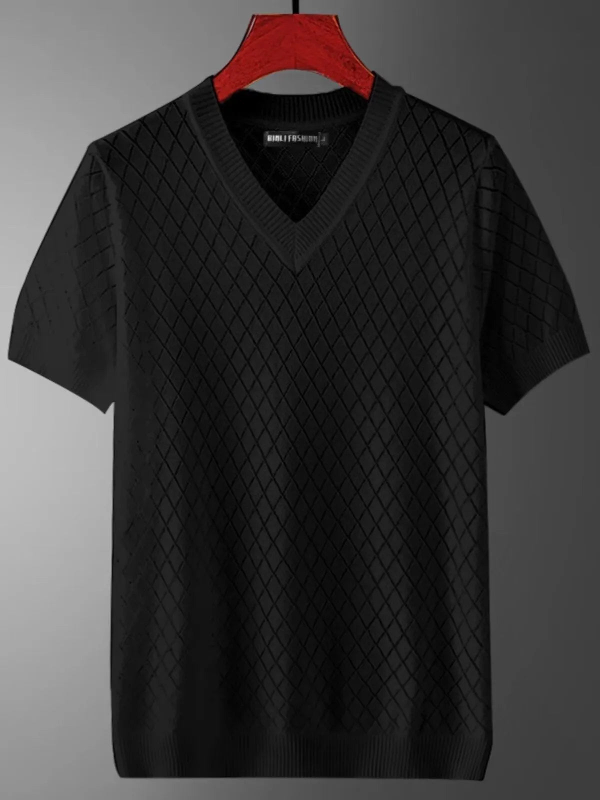 Men's ice silk cut-out T-shirt in black with V-neck design and short sleeves