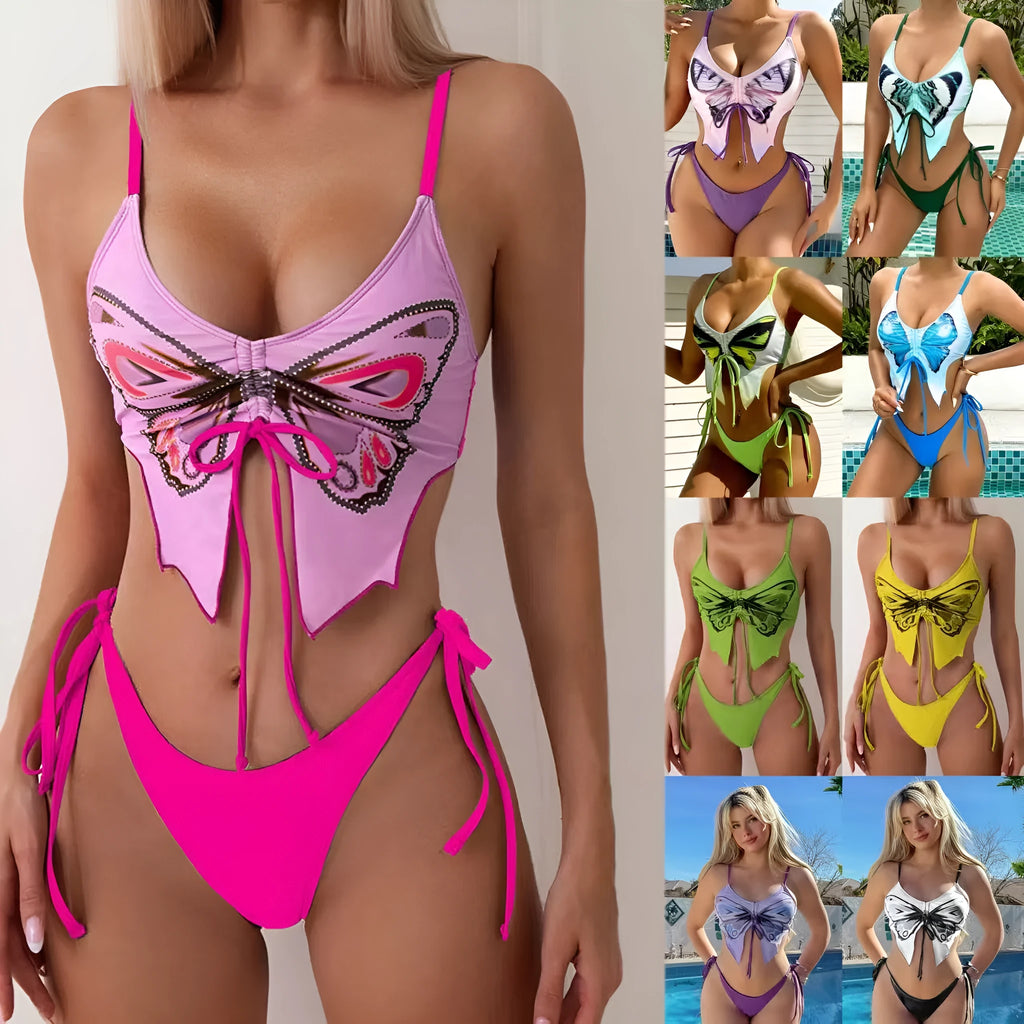 Women's purple bow ins style split bikini set with sleeveless top and briefs for swimming.