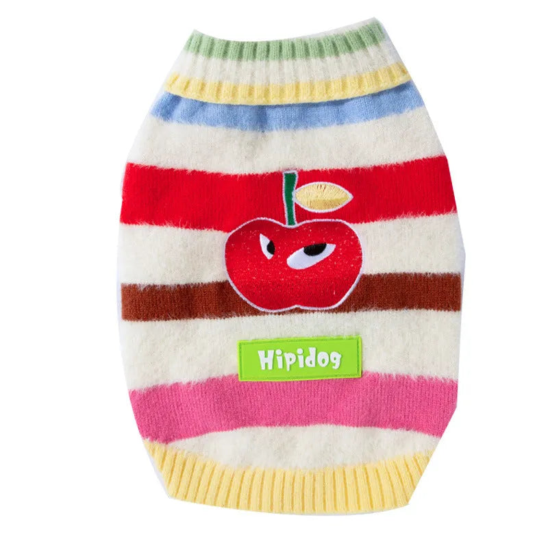 Rainbow apple striped knitted dog pullover sweater for Corgis with apple embroidery, brown and white, autumn winter warm wear.
