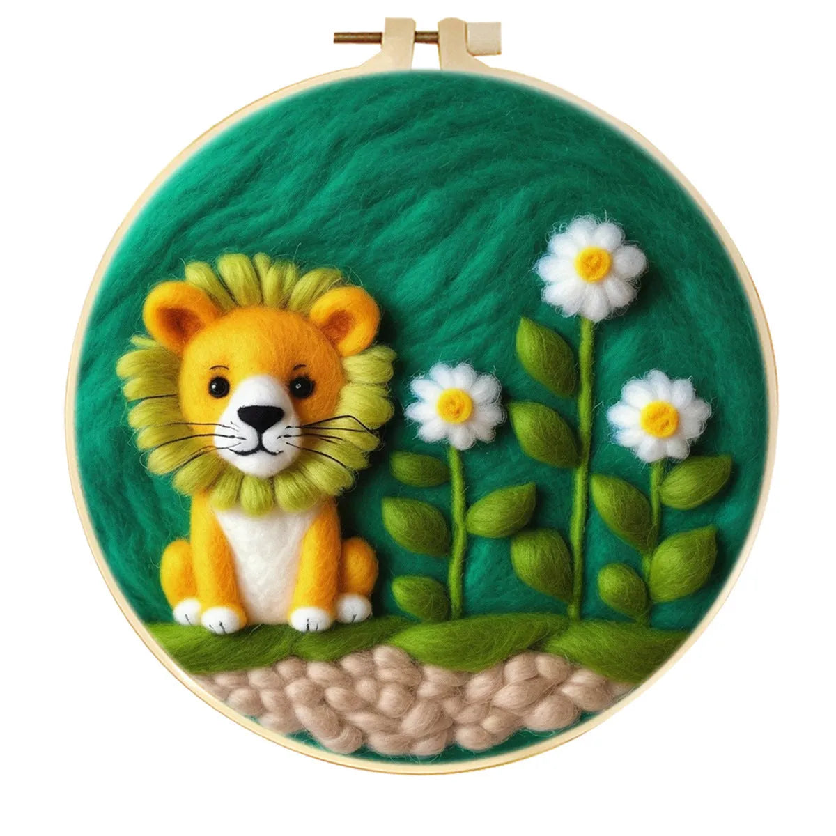 Round 20x20 cm linen embroidery kit with wool felt pieces for floral design and included embroidery frame.