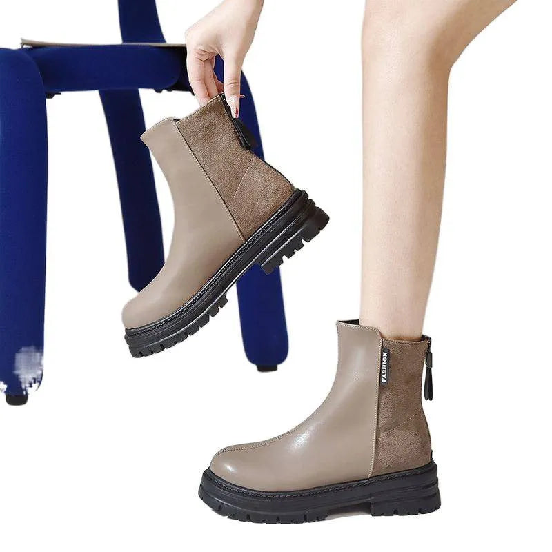Women's British style platform Martin boots in solid black with rubber sole, low tube design, sizes 35-43