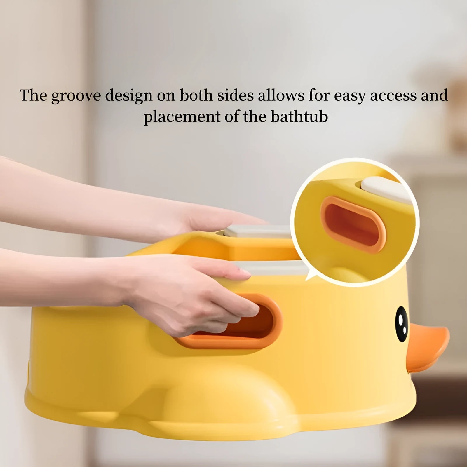Blue PVC duck-shaped pet bath tub for washing dogs and cats on a bathroom floor.