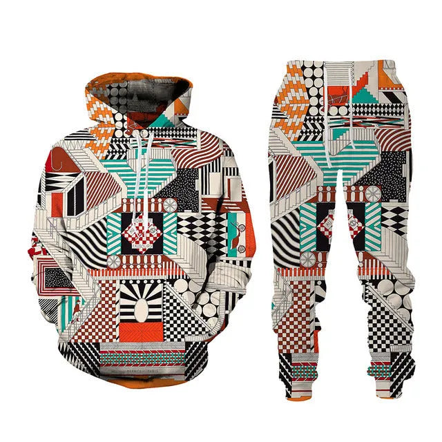 3D printed sports hoodie set for men with loose fit top and long pants in black