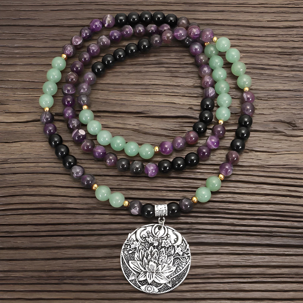 Yoga lotus pendant necklace with matching bracelet, adjustable 51-80cm length, handmade stone beads