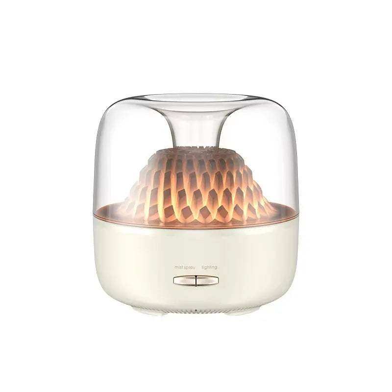 Round resin household aroma diffuser with colourful light on a desktop in beige colour