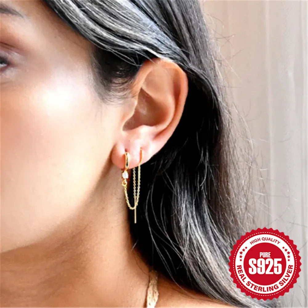 S925 sterling silver geometric ear clip stud earrings with flower and tassel design in electroplated gold colour