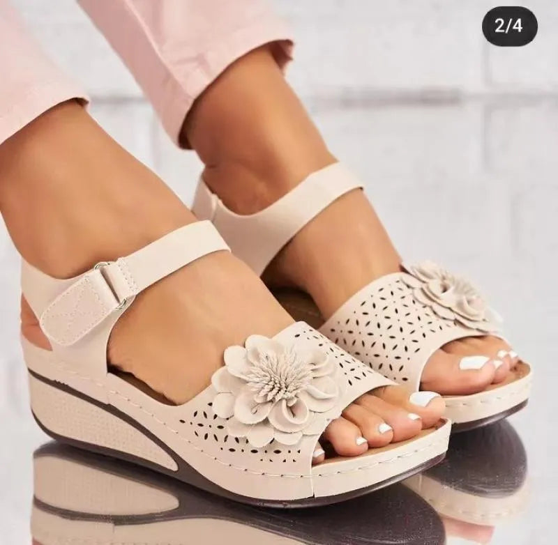 Women's plus size hollow-out flower platform wedge sandals in first layer cowhide with ankle buckle, beige colour