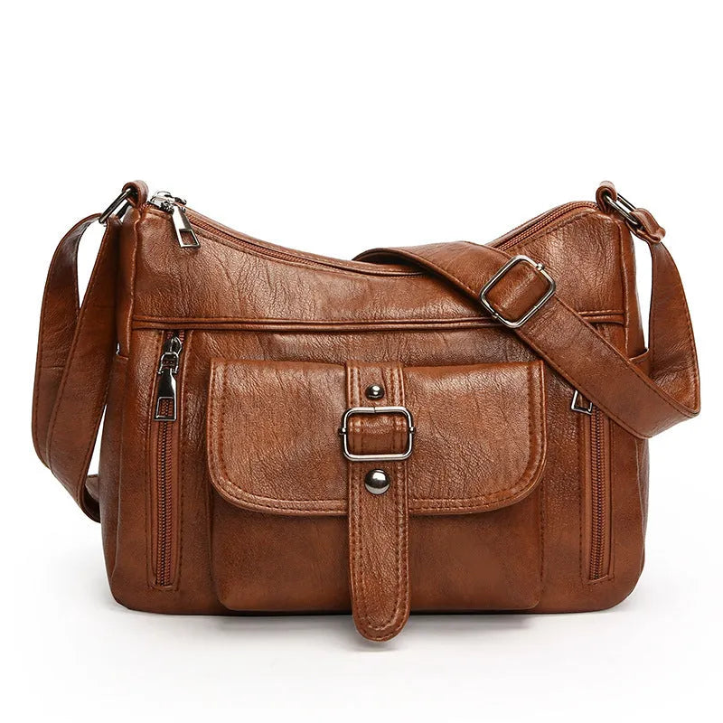 Retro large capacity soft PU leather shoulder messenger bag in brown, 27x20x10cm, with sandwich pocket