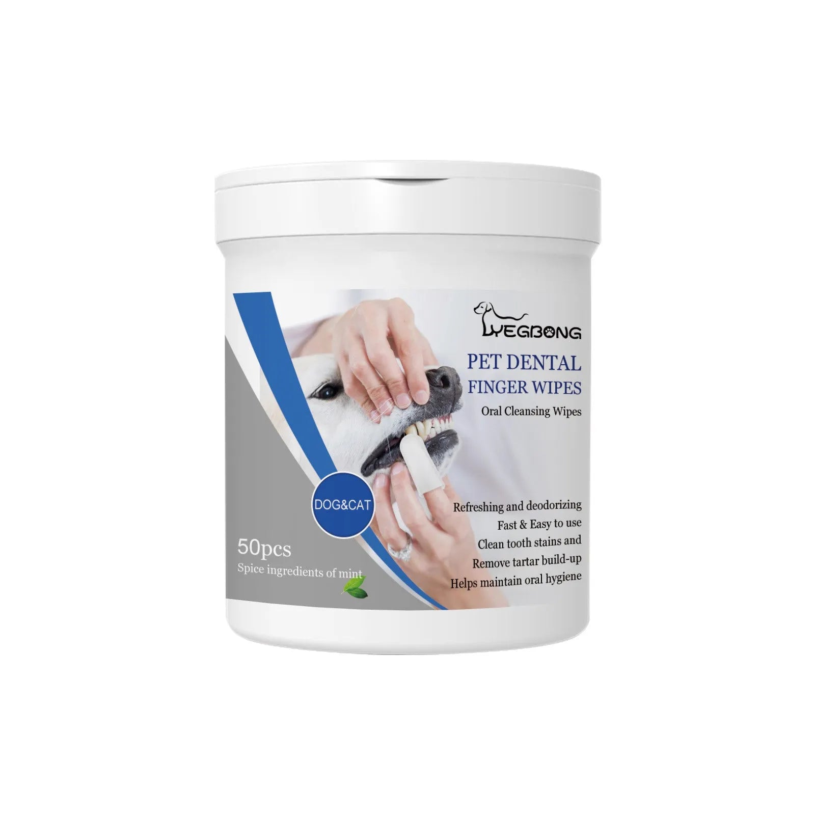 Canister containing 50 dog teeth cleaning finger wipes for canine oral hygiene and gum massage