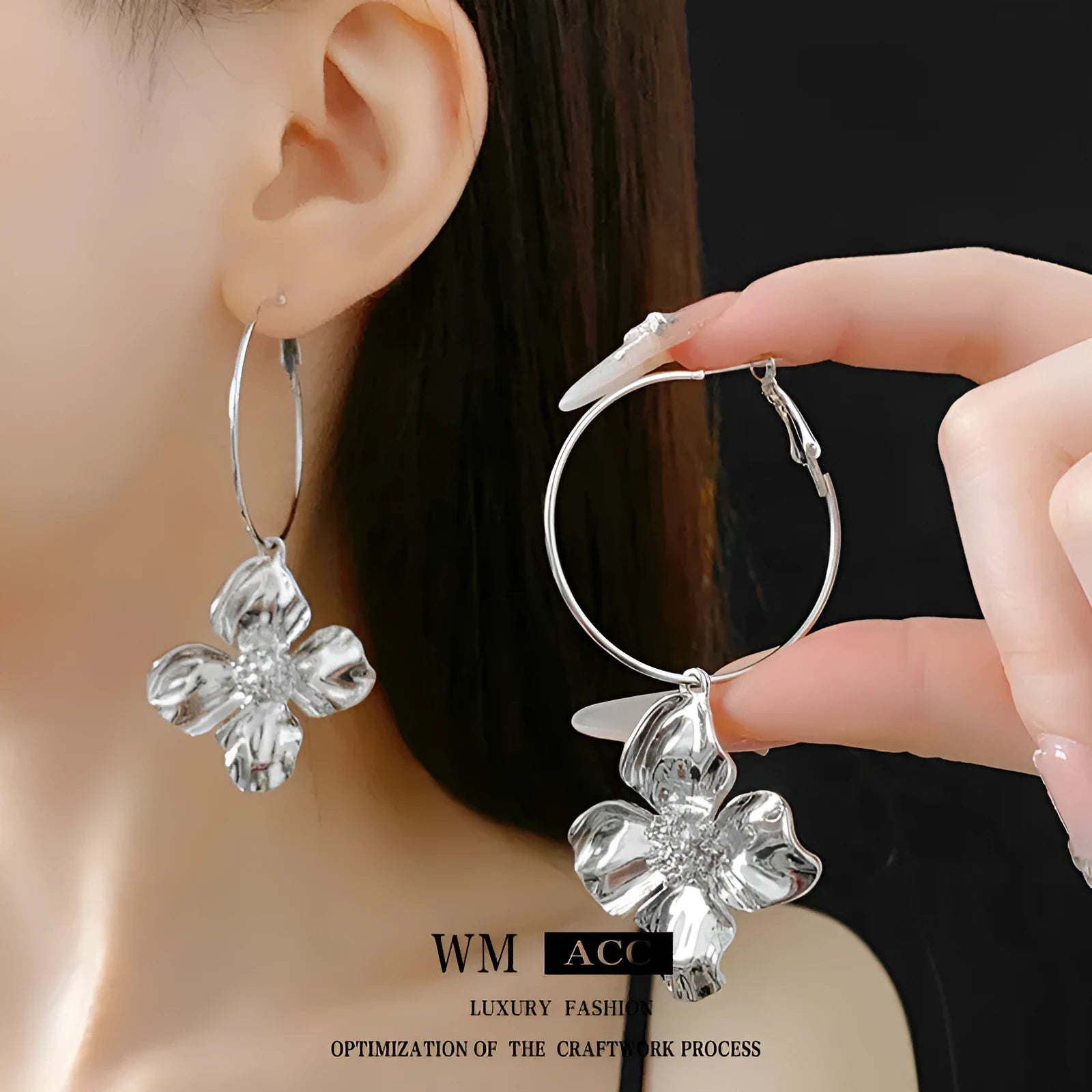 Silver needle metal flower earrings with geometry design in gold or silver electroplated finish