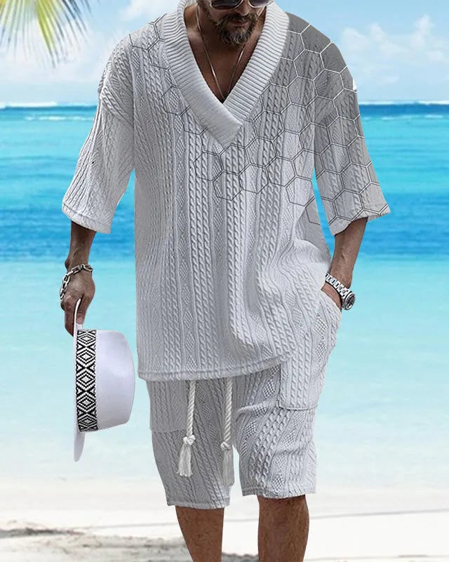 Men's printed drop-shoulder knitted short-sleeve top with matching shorts, a casual suit set.