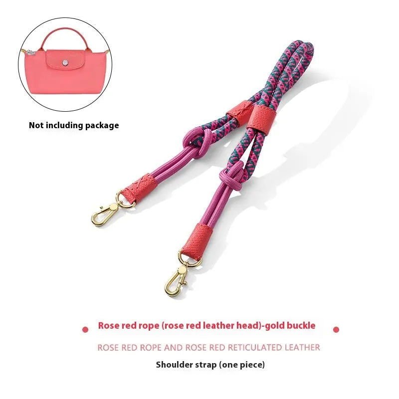 Braided nylon and cowhide leather crossbody strap with alloy buckle in gold or silver finish