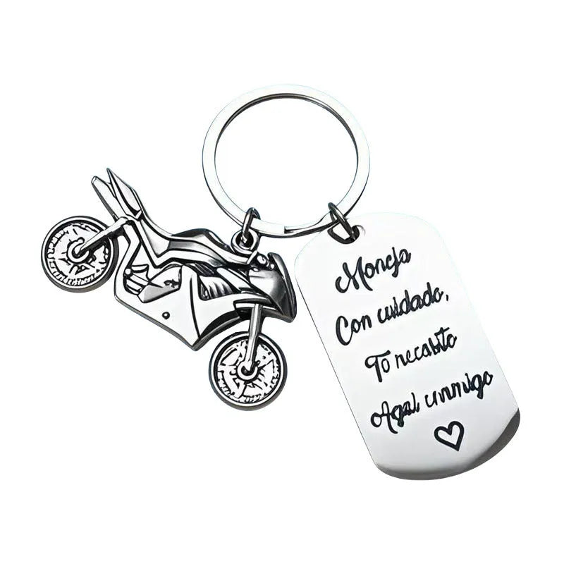Stainless steel motorcycle inspiration keychain with flannel storage pouch