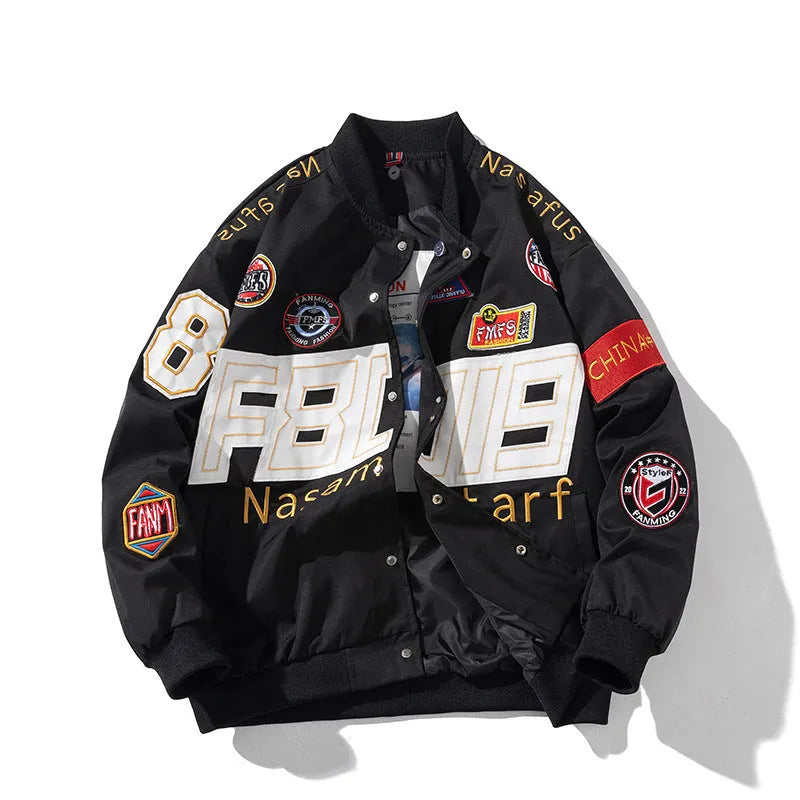 Black loose-fit motorcycle baseball jacket with a removable hood and side pocket.