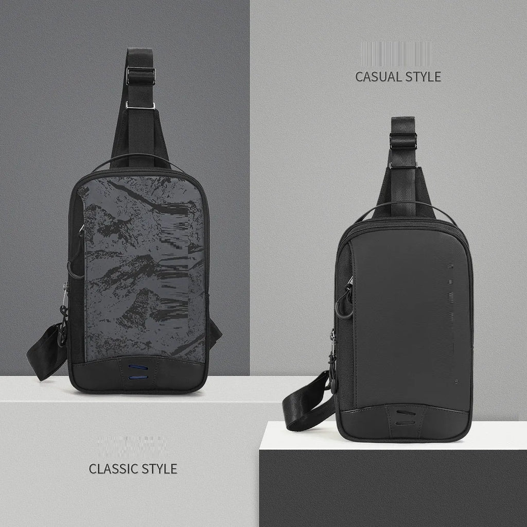 Casual black TPU chest pack with landscape pattern, soft handle, and single shoulder strap showing internal mobile phone pocket
