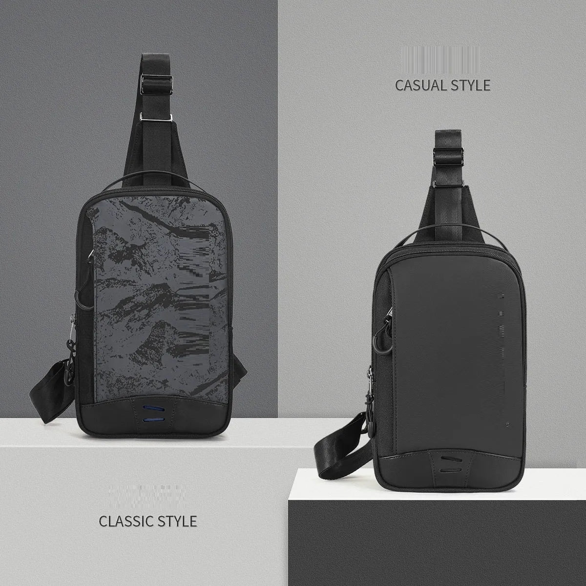 Casual black TPU chest pack with landscape pattern, soft handle, and single shoulder strap showing internal mobile phone pocket