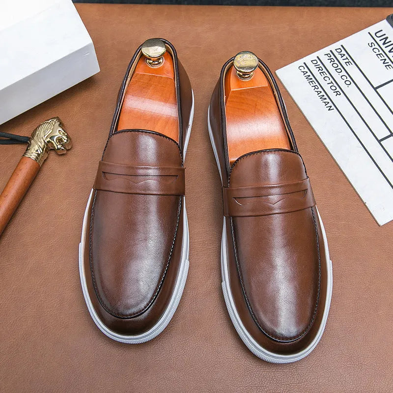 Plus size men's business casual board shoes in brown with flat heel, round toe, and rubber sole