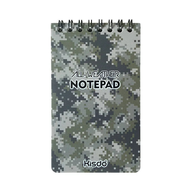 Spiral-bound waterproof office notepad showing stone paper pages and PP cover in camouflage pattern