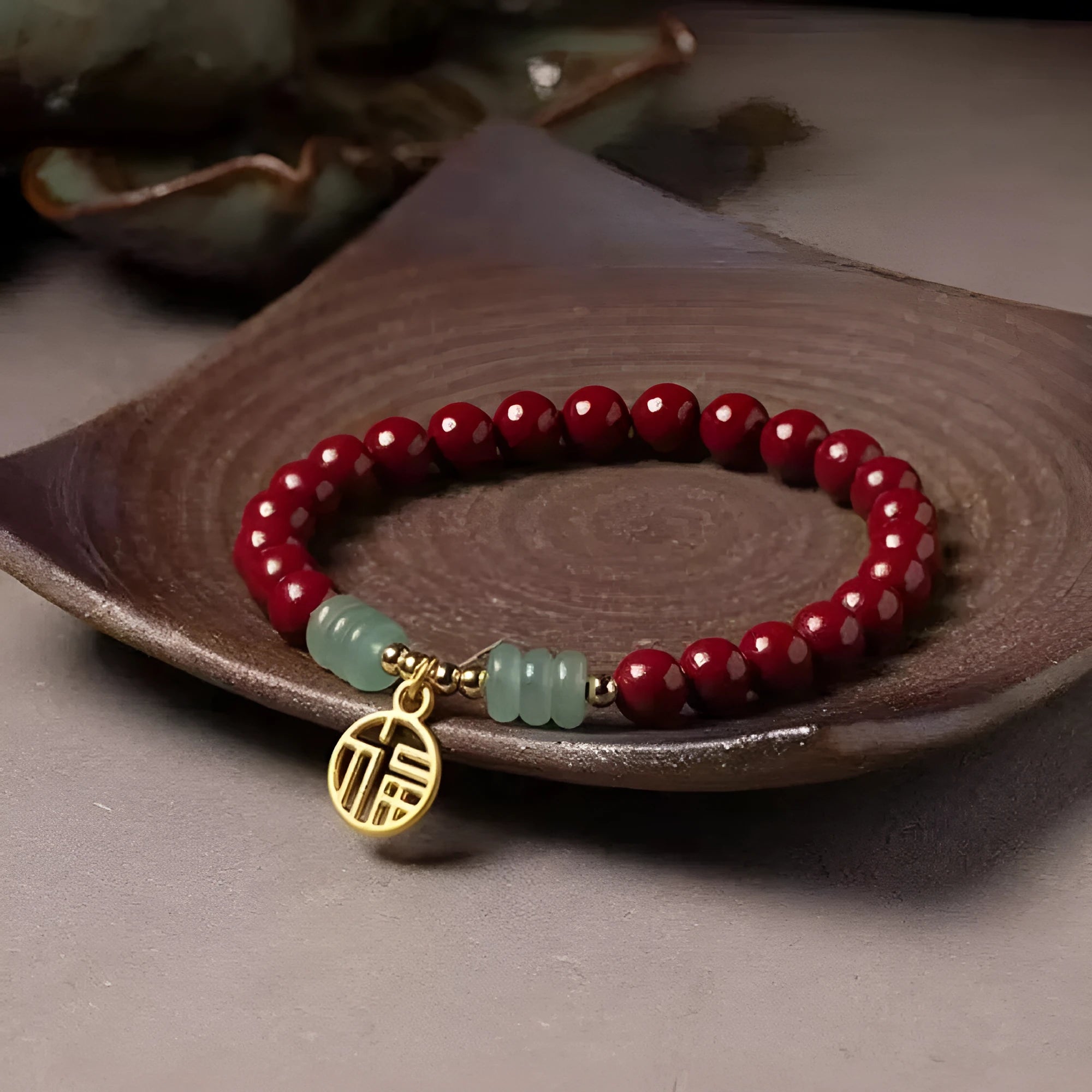 Handmade wave-shaped cinnabar and copper bracelet in national style design