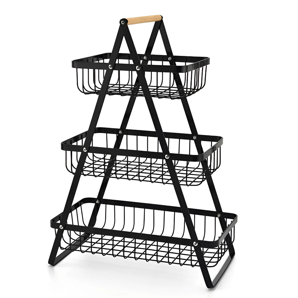 Detachable double-layer iron fruit basket with wooden handle in black on a kitchen tabletop