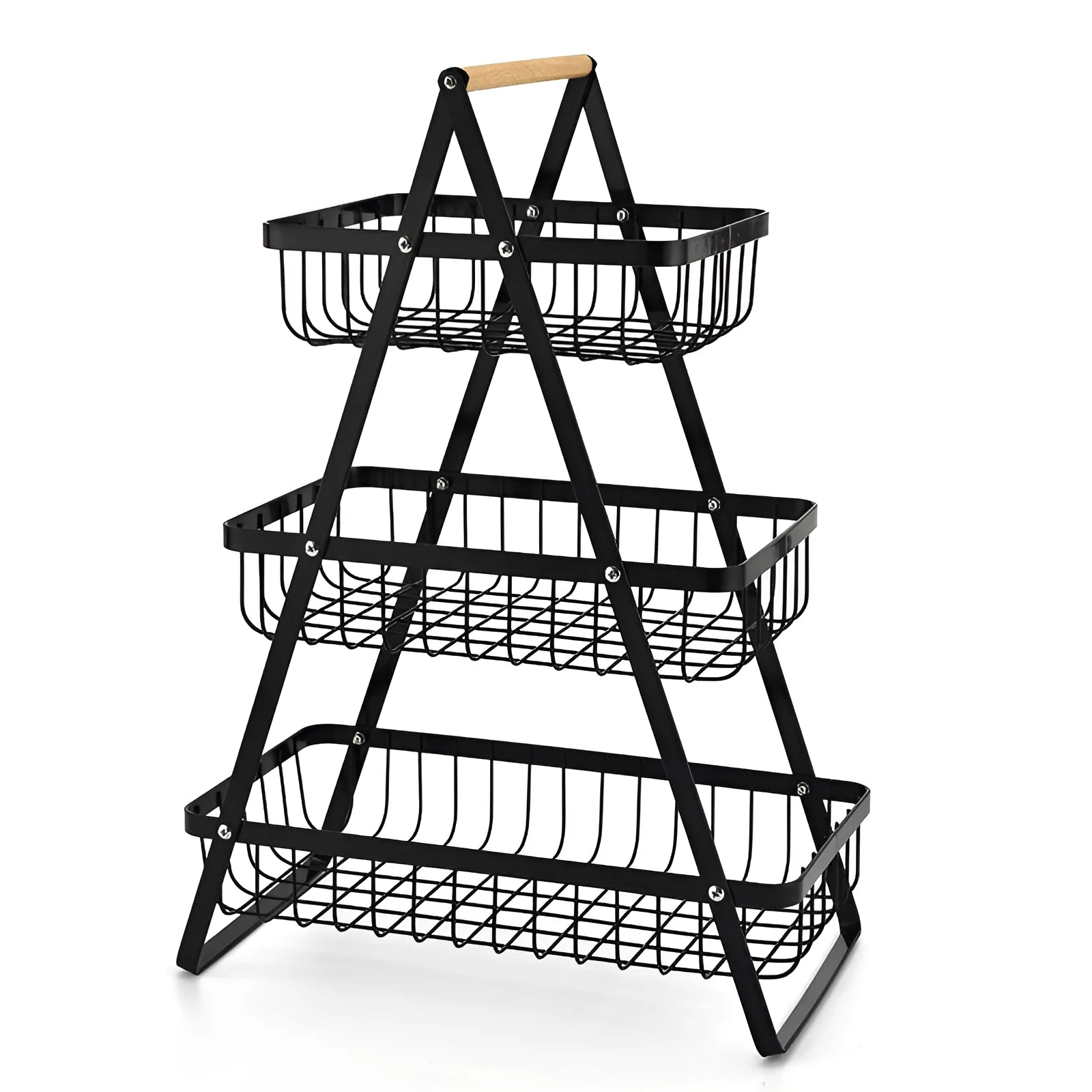 Detachable double-layer iron fruit basket with wooden handle in black on a kitchen tabletop