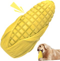 Blue and yellow corn-shaped durable dog chew toy for large breeds with a squeaker.
