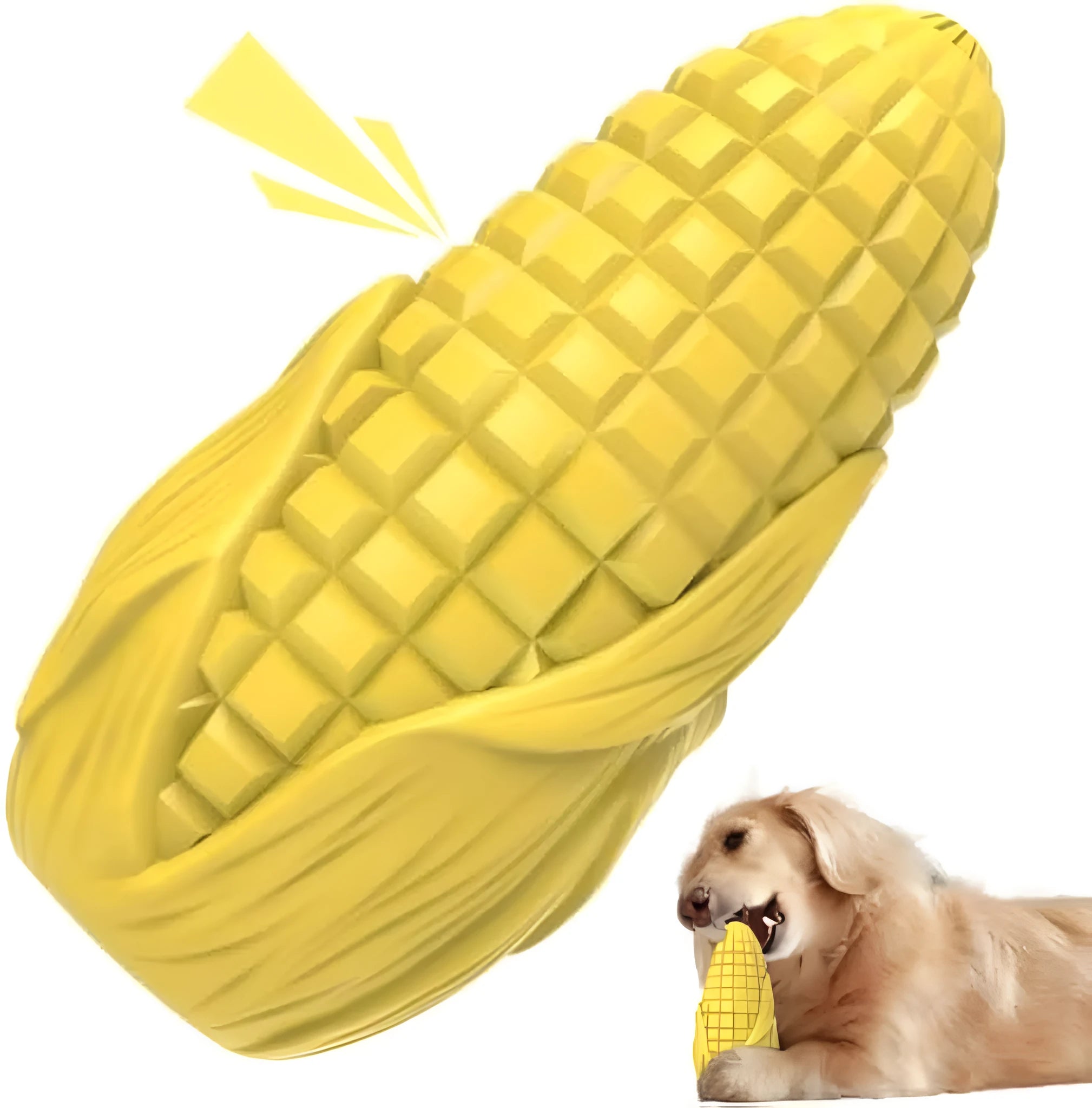 Blue and yellow corn-shaped durable dog chew toy for large breeds with a squeaker.