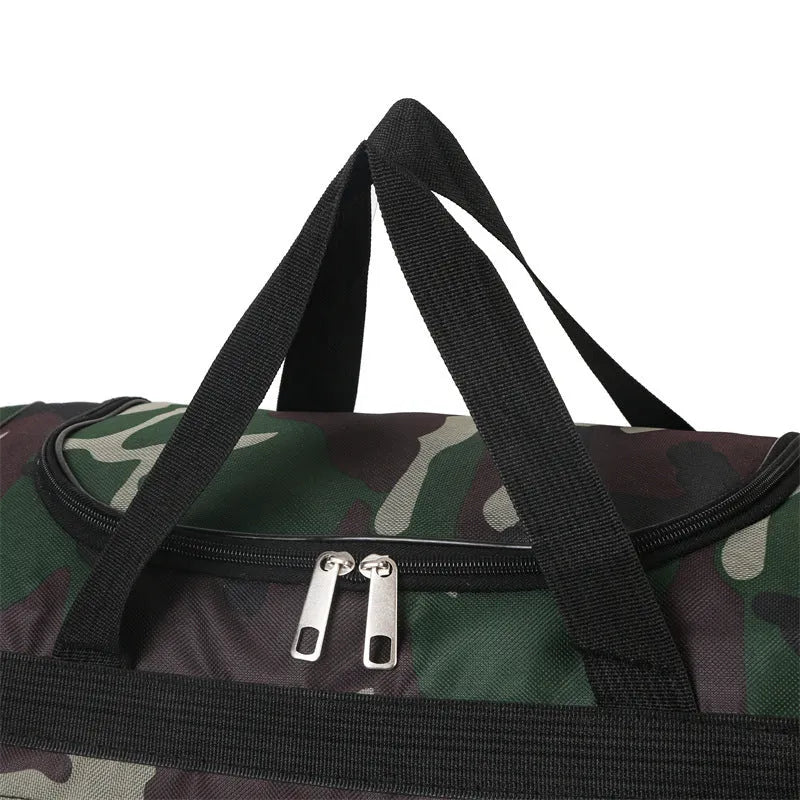Green camouflage waterproof fabric luggage bag with striped lining.