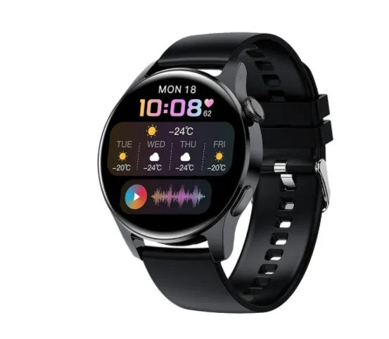 Smart watch with round colour display on a black silicone strap, showing heart rate data on screen.